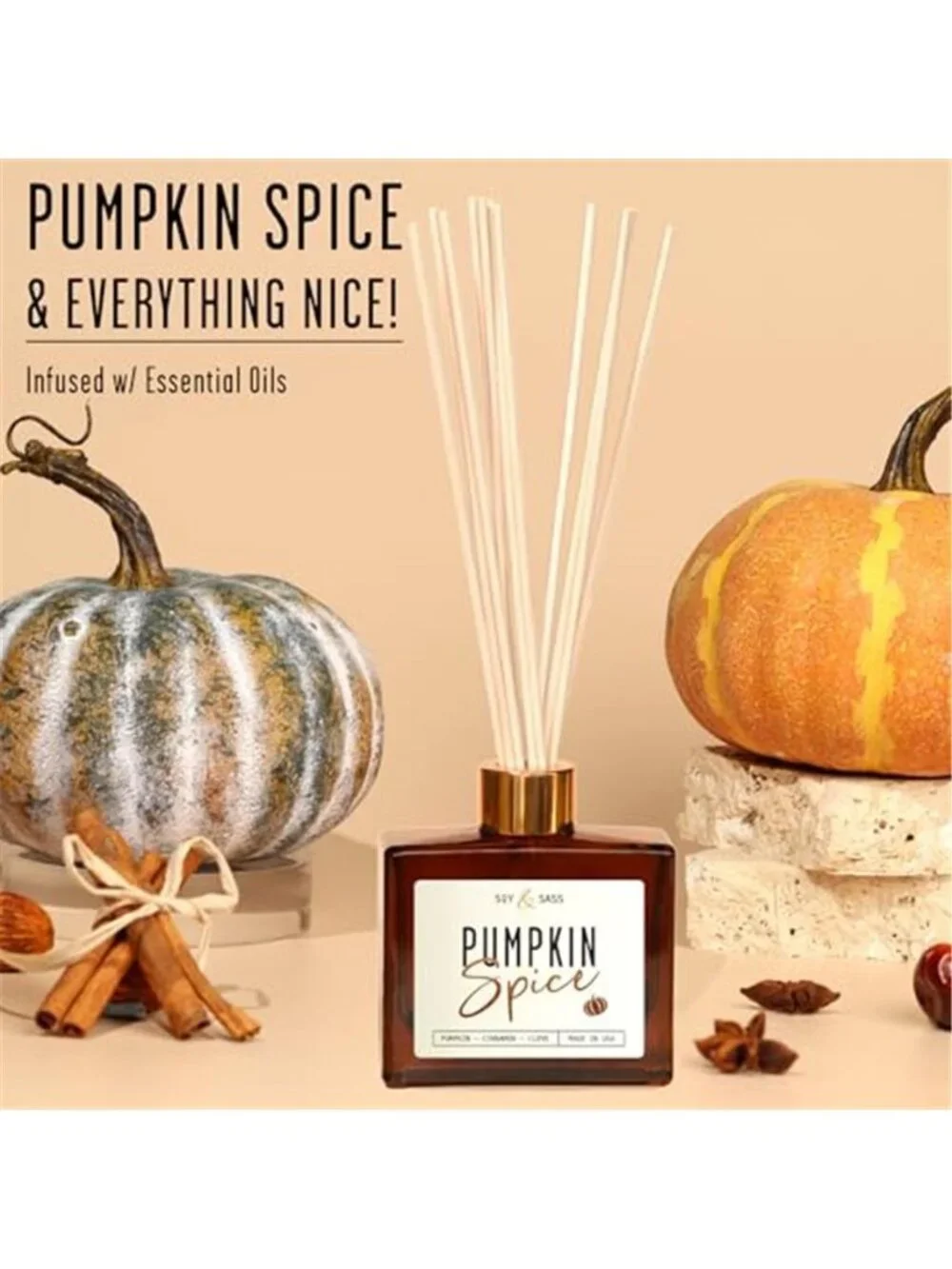 Pumpkin Spice Reed Diffuser, Fall Reed Diffuser Set - Infused w/Essential Oils